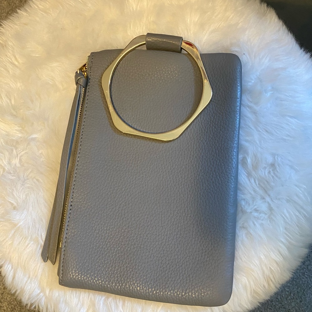 Gray Leather Clutch with Gold Accents - Picture 3 of 5